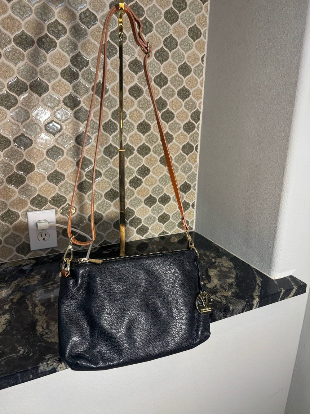 Valentina Black Leather Crossbody with Tan Contrast Strap